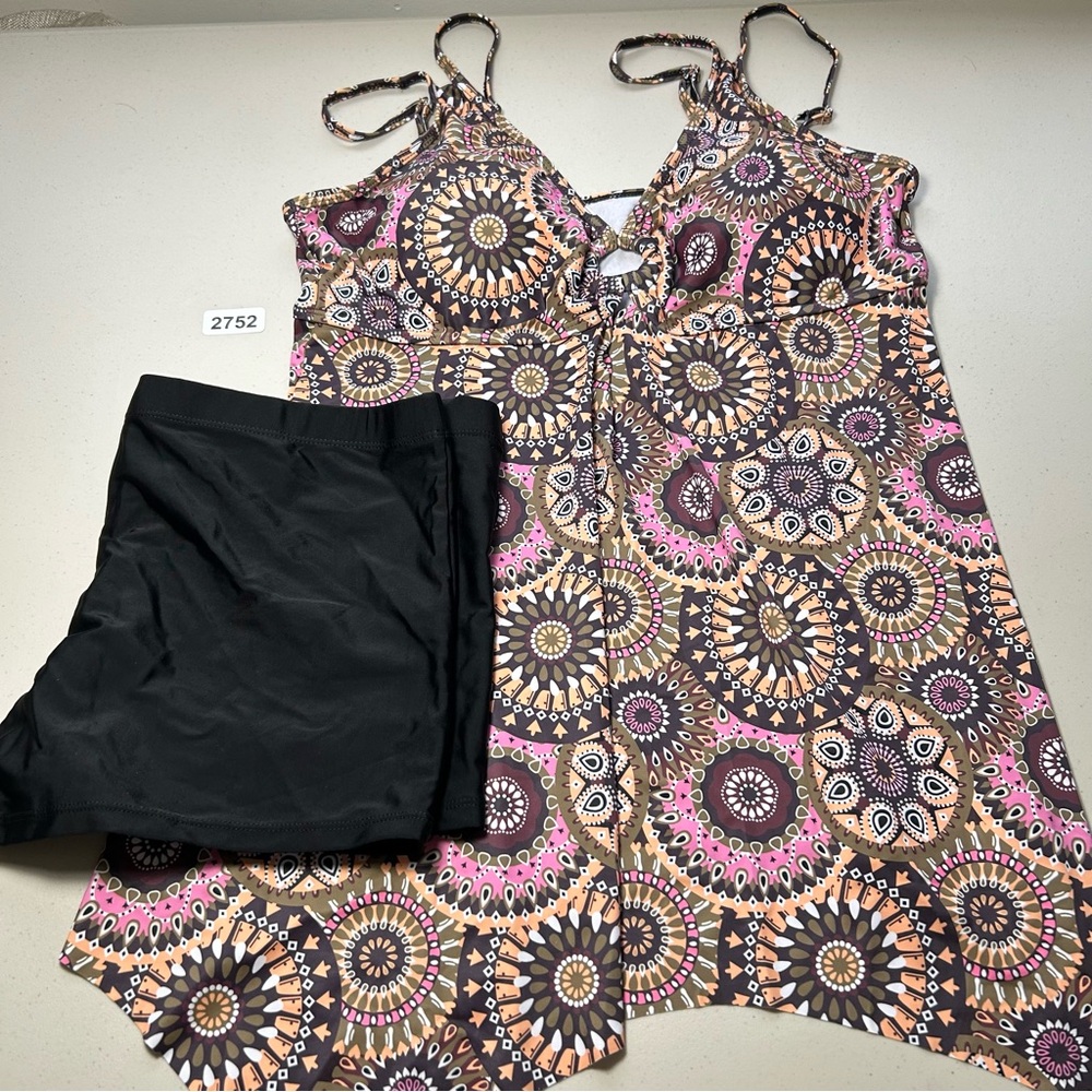 Floral Medallion Tankini with Black Skirted Bottoms - Brown & Pink